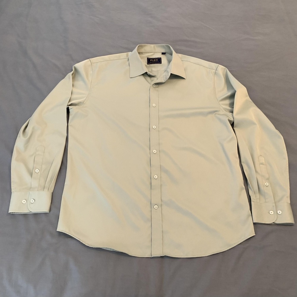 Flex Dress Shirt Mens Large Green Solid Long Sleeve Button Front Luxury Business